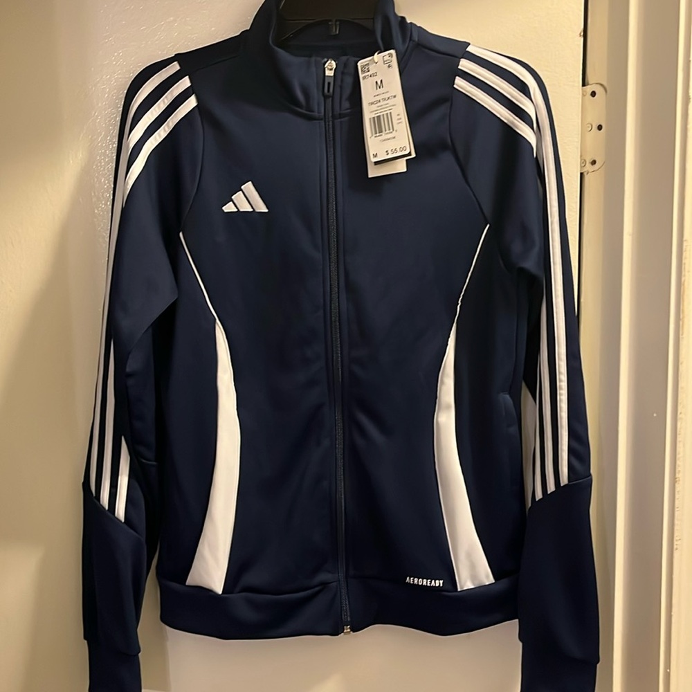 Adidas Aeroready navy blue w/ white stripes front zipper closure